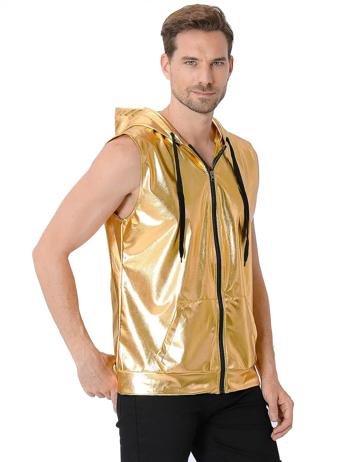 Mens Sleeveless Hoodie Vest Zip Up Metallic Shirts 70s Disco Costume Adult Dance Party Performance Vest