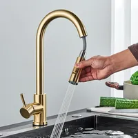 Stainless Steel Single Handle Kitchen Faucet with Pull Out Sprayer, 360° Swivel Spout, Brushed Golden Modern Mixer Tap for Sink
