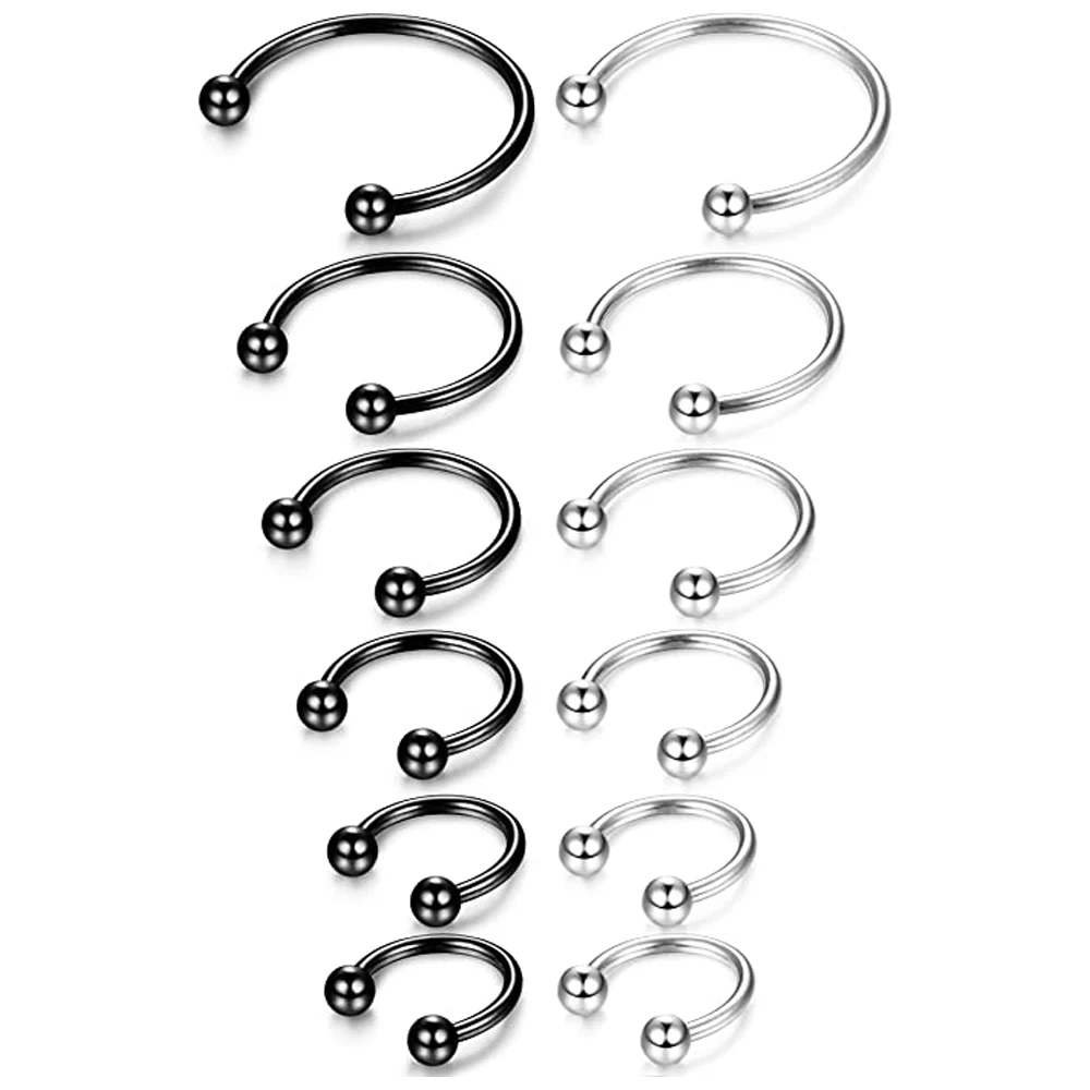 12Pcs 16G Stainless Steel Nose Rings Septum Piercing Cartilage Horseshoe Earring Body Piercing 6MM-16MM Black Silver