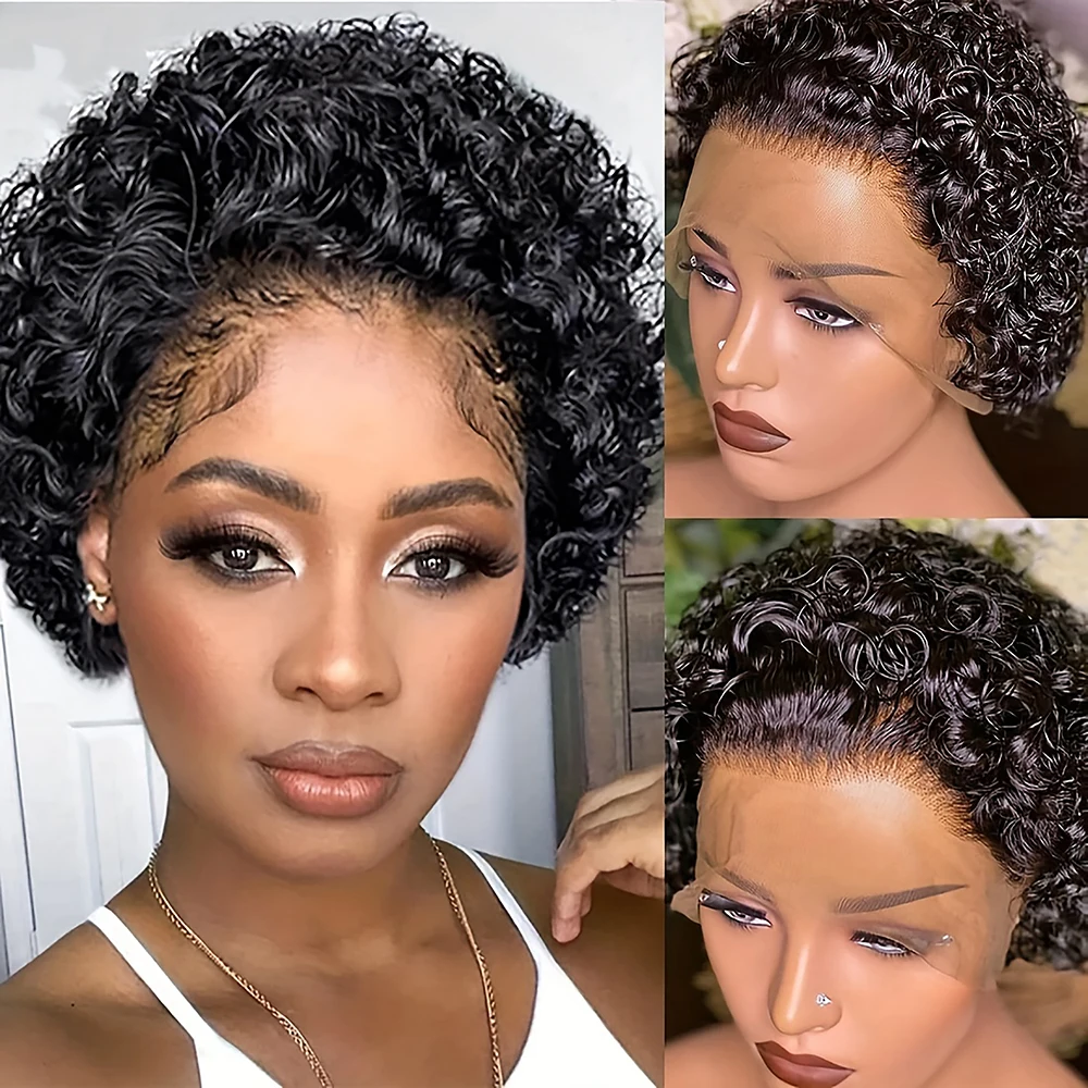 Brazilian Pixie Cut Wig Human Hair 13X1 Short Curly Lace Front Wigs Human Hair Short Curly Wigs For Women Human Hair(6 inch 1B#)