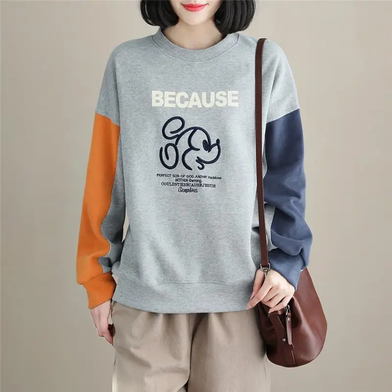 Sudadera holgada de algodón con bordado de dibujos animados para mujer, jersey de manga larga con cuello redondo y letras, Top informal que combina