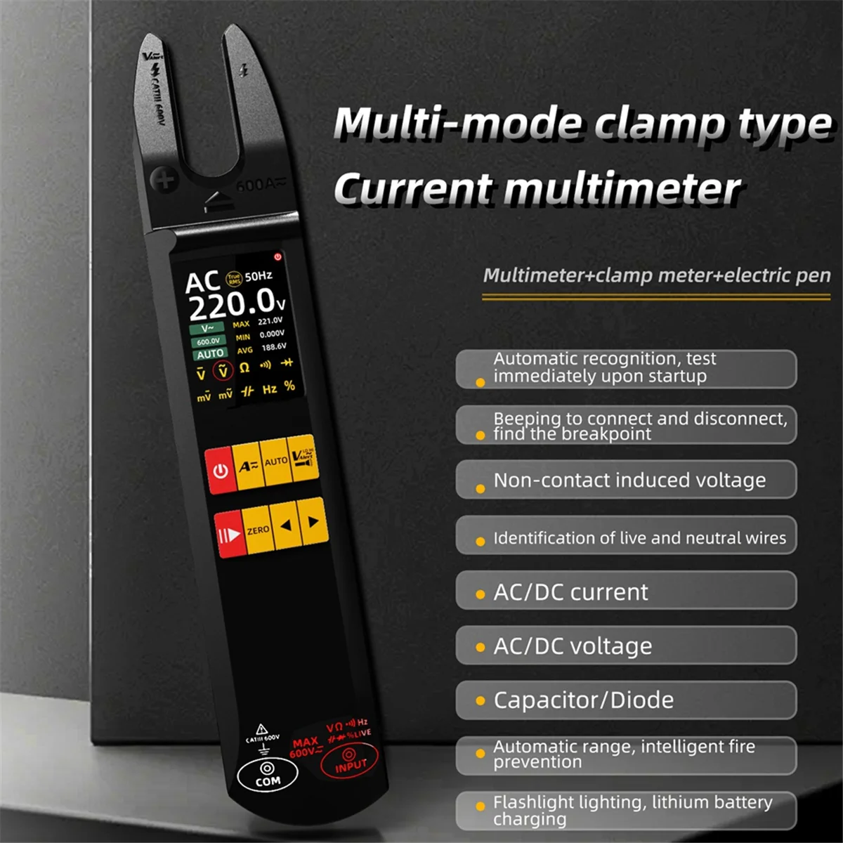 AB52 U5 DC AC Current Tester 600A U-Shaped Clamp Meter True RMS Auto-Ranging TFT Screen USB Rechargeable 1200mAh NCV Multimeter