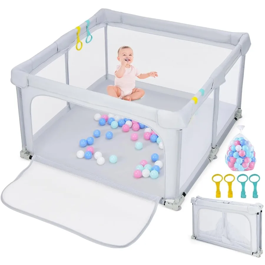 

Baby Playpen Foldable 50 x50 Large Playard for Toddlers with Gate Soft Visible Mesh Indoor Outdoor Activity Center Baby Fence w