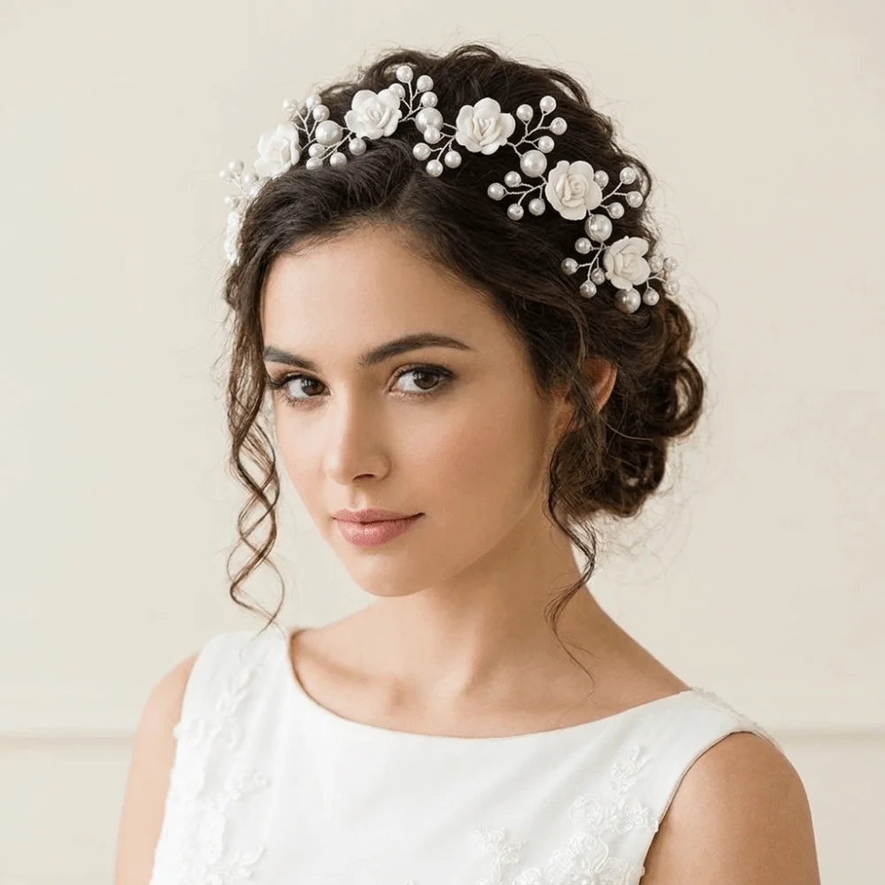 Beaded Rose Flower Headband Pearl Sparkling Bridal Hair Band Baroque Style Floral Wedding Hair Accessories Wedding Ceremony