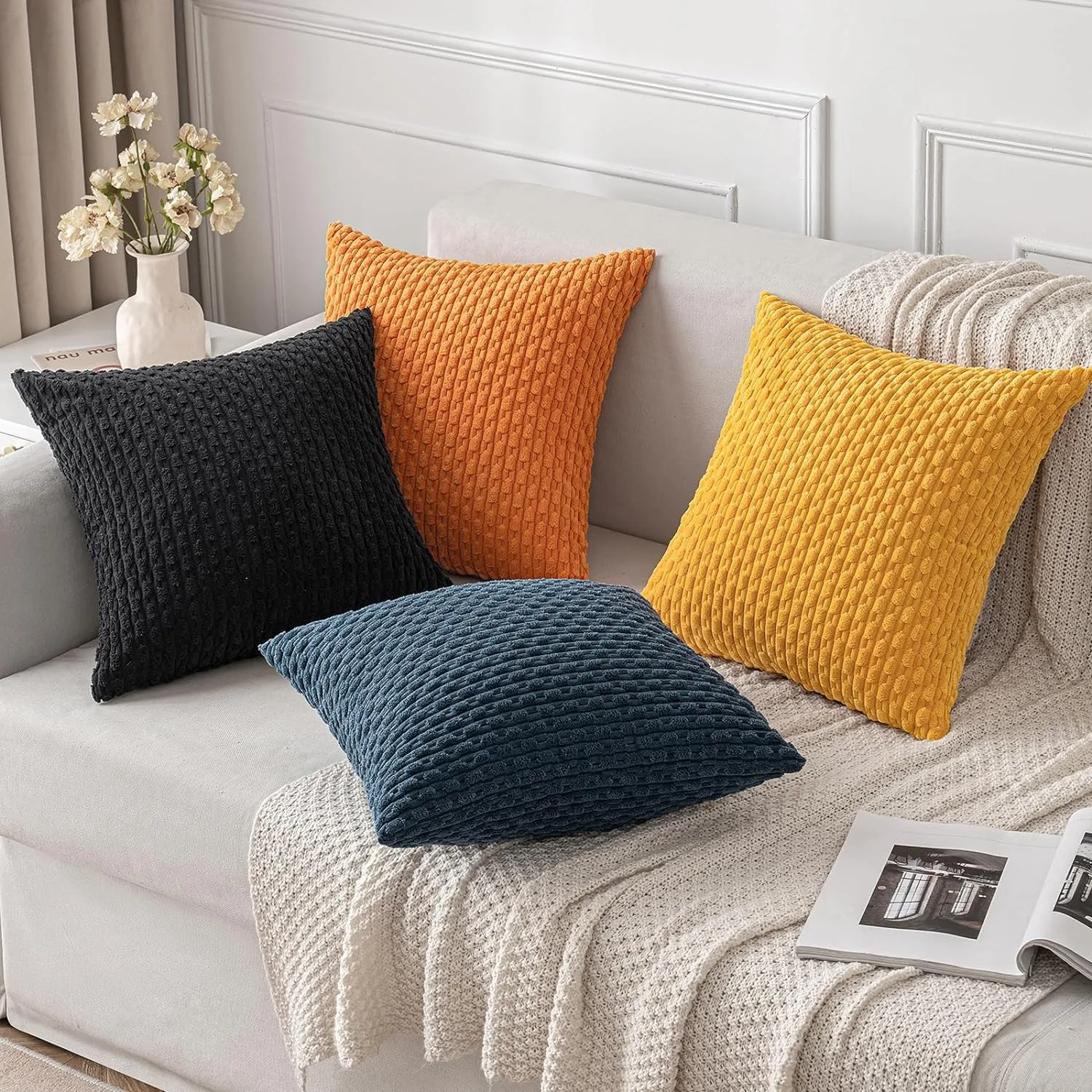 Black Throw Pillow Covers 18 X18 Inch, Striped Corduroy Cushion Case Cover Throw Pillows for Sofa Couch Living Room Home Decor