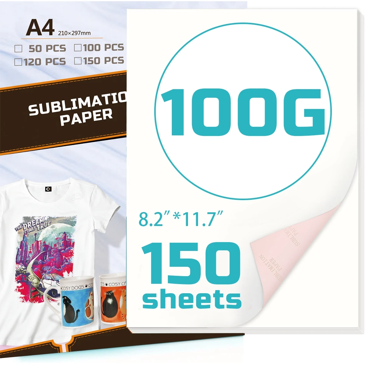 150 Blatt 100g A4 Sublimationspapier, Wärmeübertragungspapier für DIY T-Shirts, Kissen, Stoffe, Tassen, Multifunktionale Kompatibilität