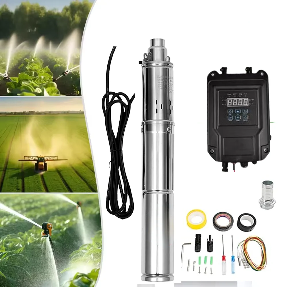 Bomba profunda de pozo Solar de 750W y 1200W, flujo de cabezal de 180M, sistema de red de 2m3/hora, bomba de pozo sumergible Solar sin escobillas con control