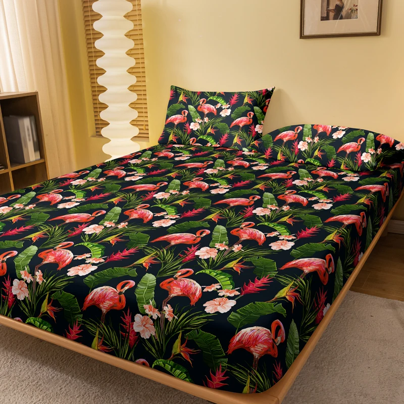 Sábana bajera cepillada con diseño de flamenco y plátano para dormitorio, colcha con estampado de plantas, ropa de cama, no incluye funda de almohada, 1 piezas