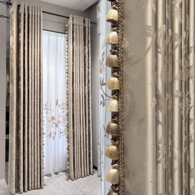 Chinese Style Champagne Gold Embroidery Window Screen Jacquard Curtains for Bedroom Living Room Partition Curtain Customization