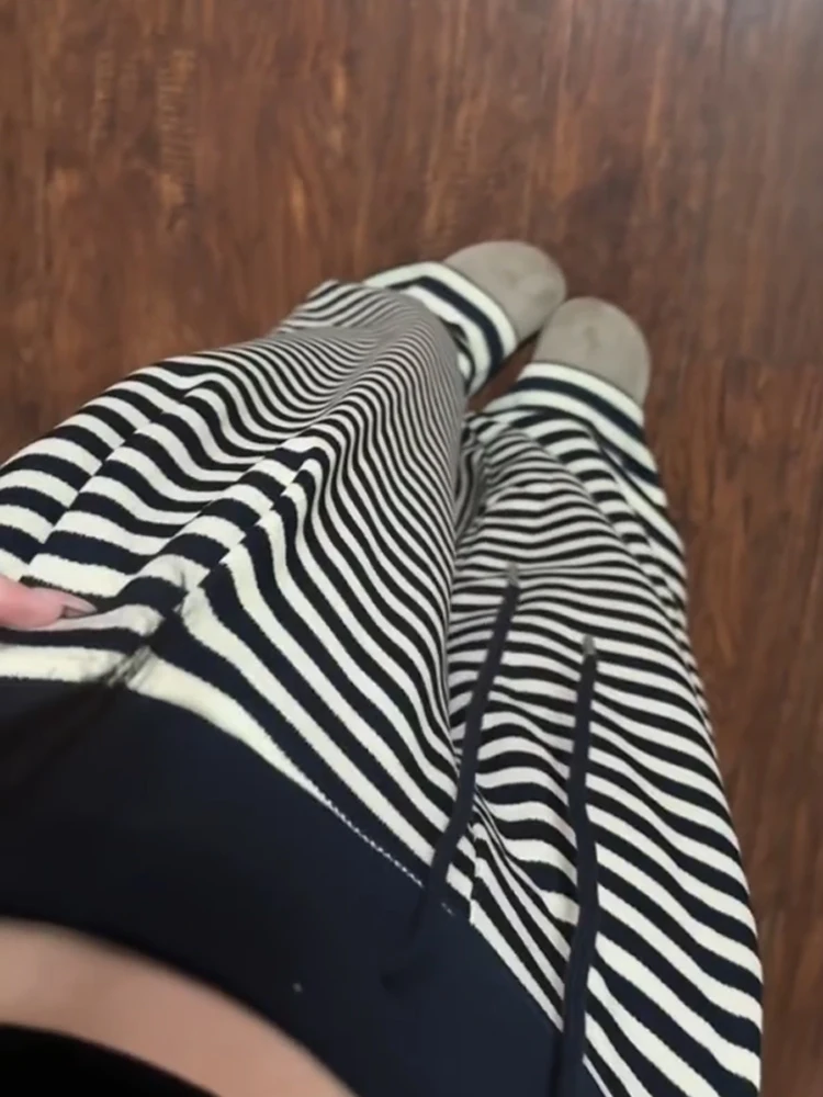 Pantaloni casual Dstring a righe retrò americani Pantaloni a gamba larga a gamba dritta a vita alta da donna dimagranti