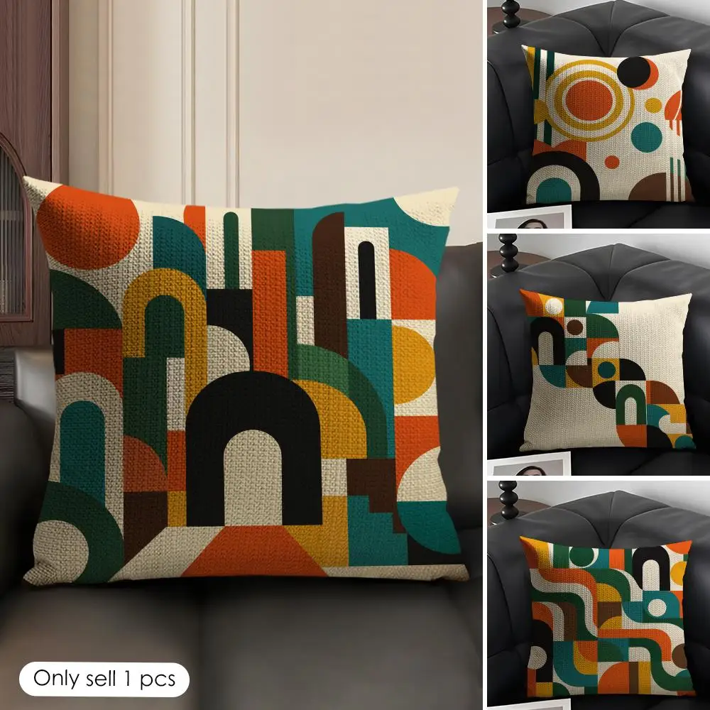 Retro Mid-Century Abstract Cushion Cover Skin-Friendly Organic Linen Pillow Cover Durable Hypoallergenic Washable Soft