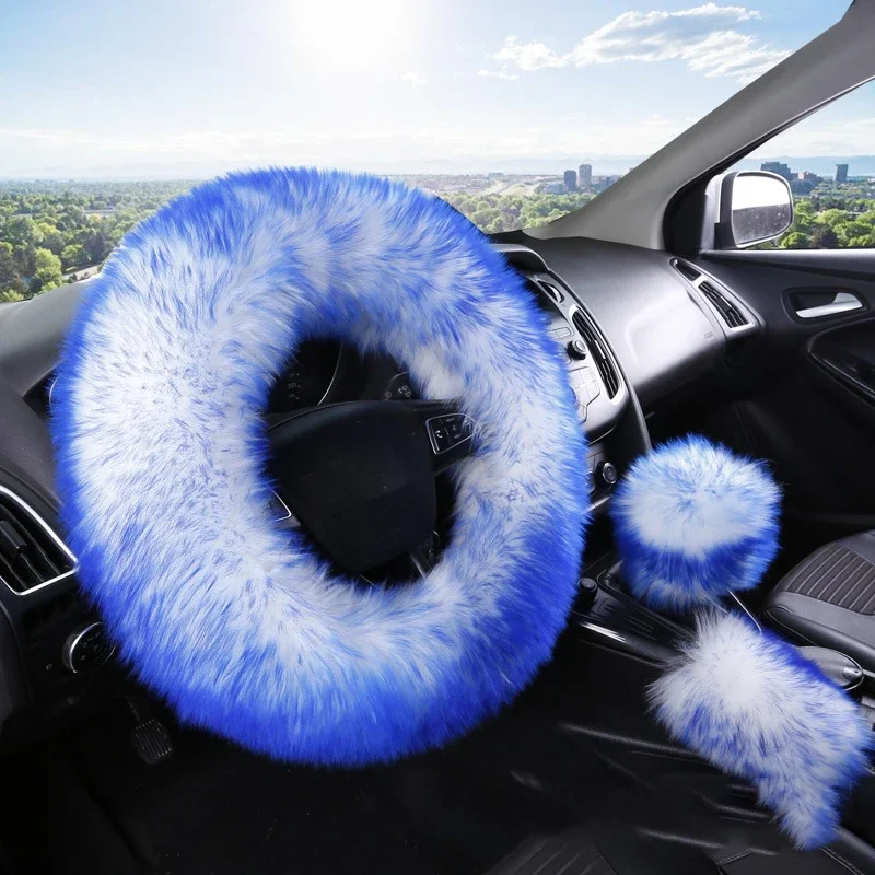 3PCS Set Real Wool Fur Soft Steering Wheel Covers Furry Long Hair Womens Winter Fashion Handle Cover Car Decoration Accessories