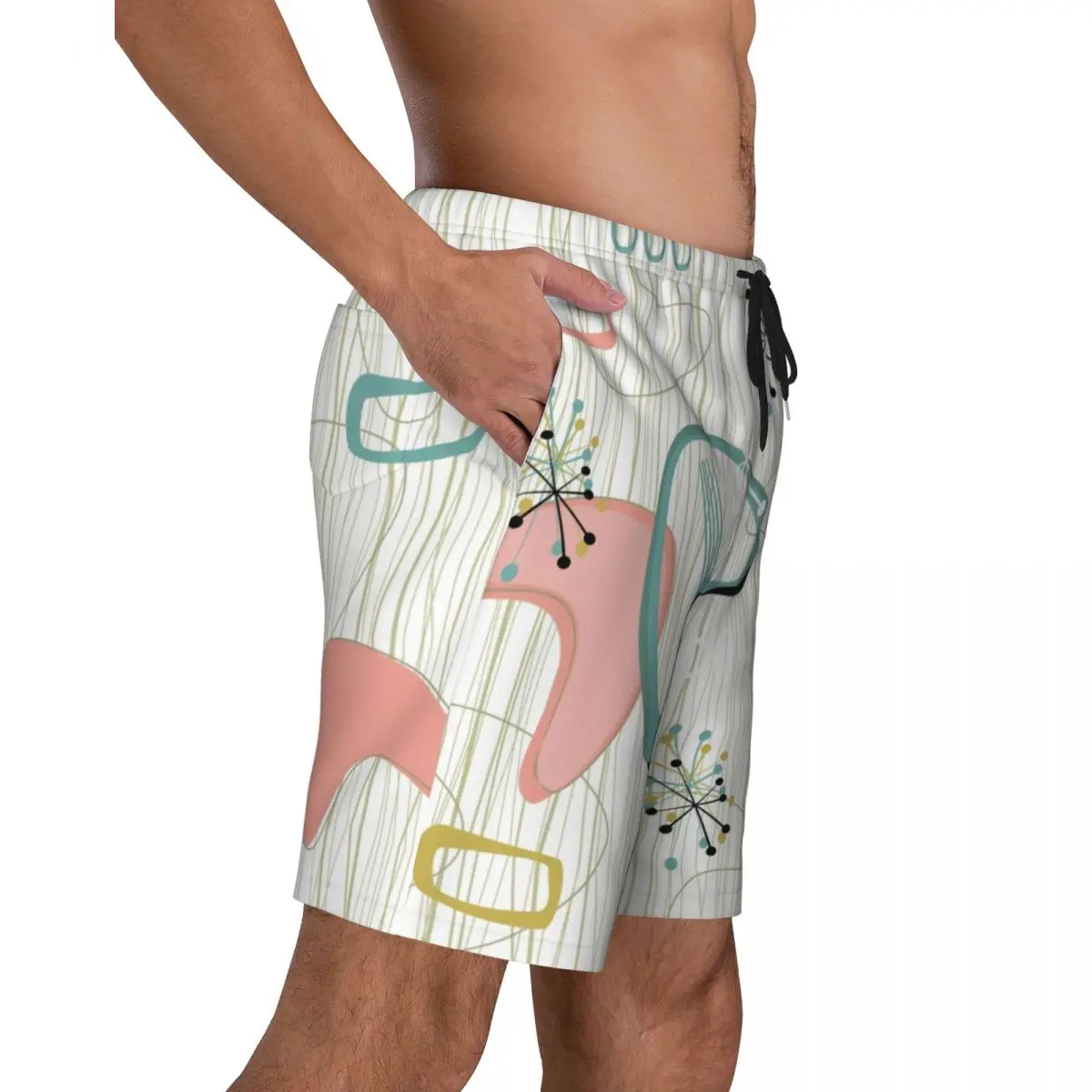 Retro Eames Era Atomic Inspired Board Shorts para hombre, pantalones cortos de playa informales, calzoncillos geométricos abstractos de mediados de siglo, bañadores de secado rápido