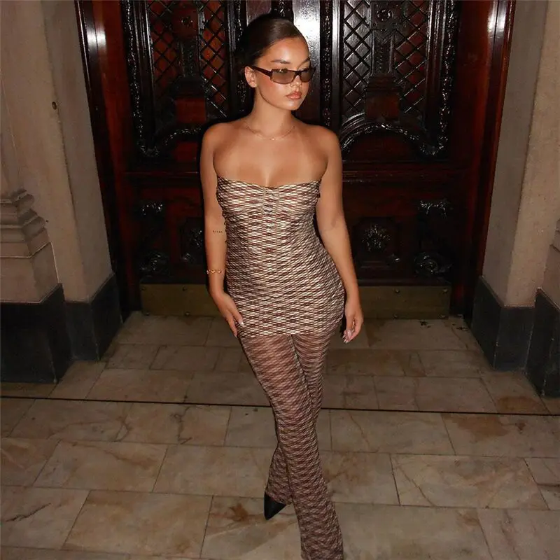 

Summer New Geometric Print Strapless Bodycon Two Piece Set Fashion Slim Fit Striped Top Skirt and Pants Outfit for Women