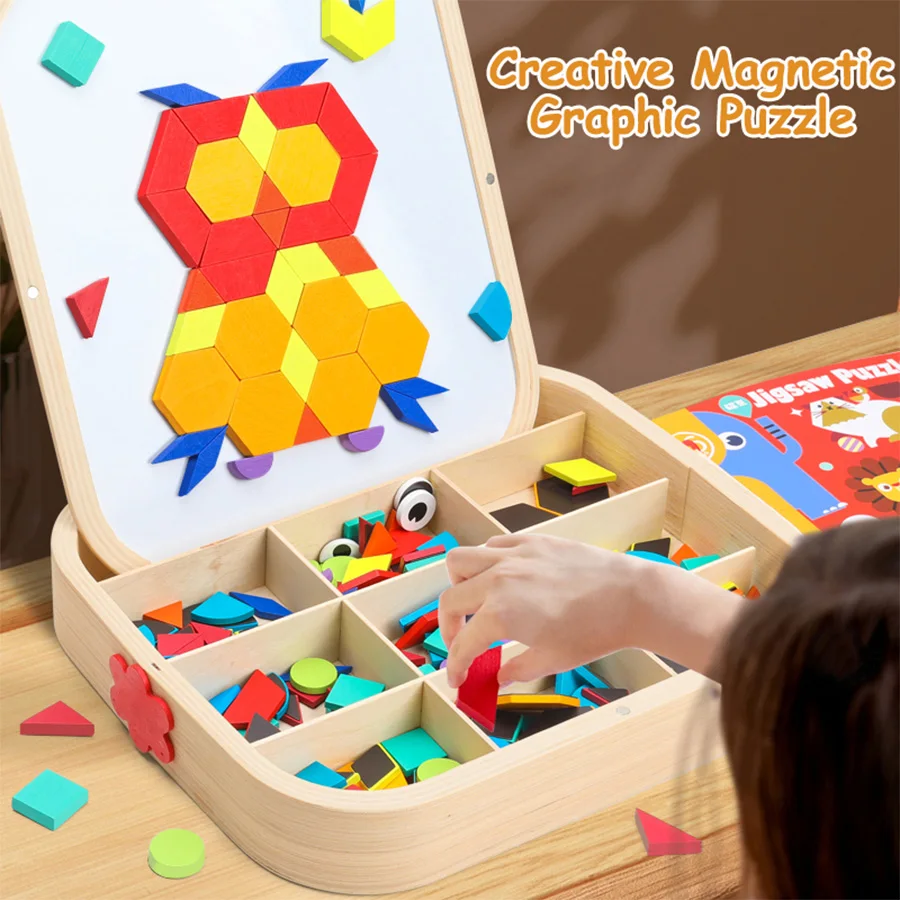 Mainan Puzzle kreatif geometris magnetik kayu, hadiah liburan 288 buah mainan Puzzle otak Belajar grafis Magnet warna kulkas