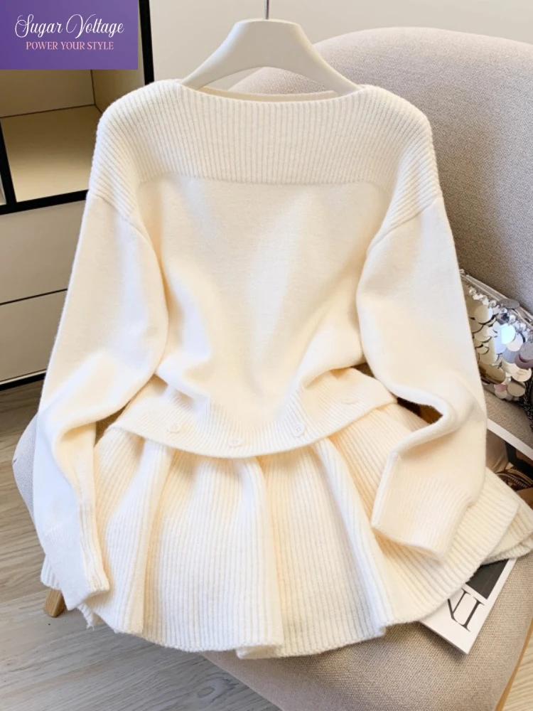 

Элегантный вязаный пуловер Real Shot, женский осенне-зимний комплект со съемной юбкой 2024, модный теплый мягкий облегающий топ