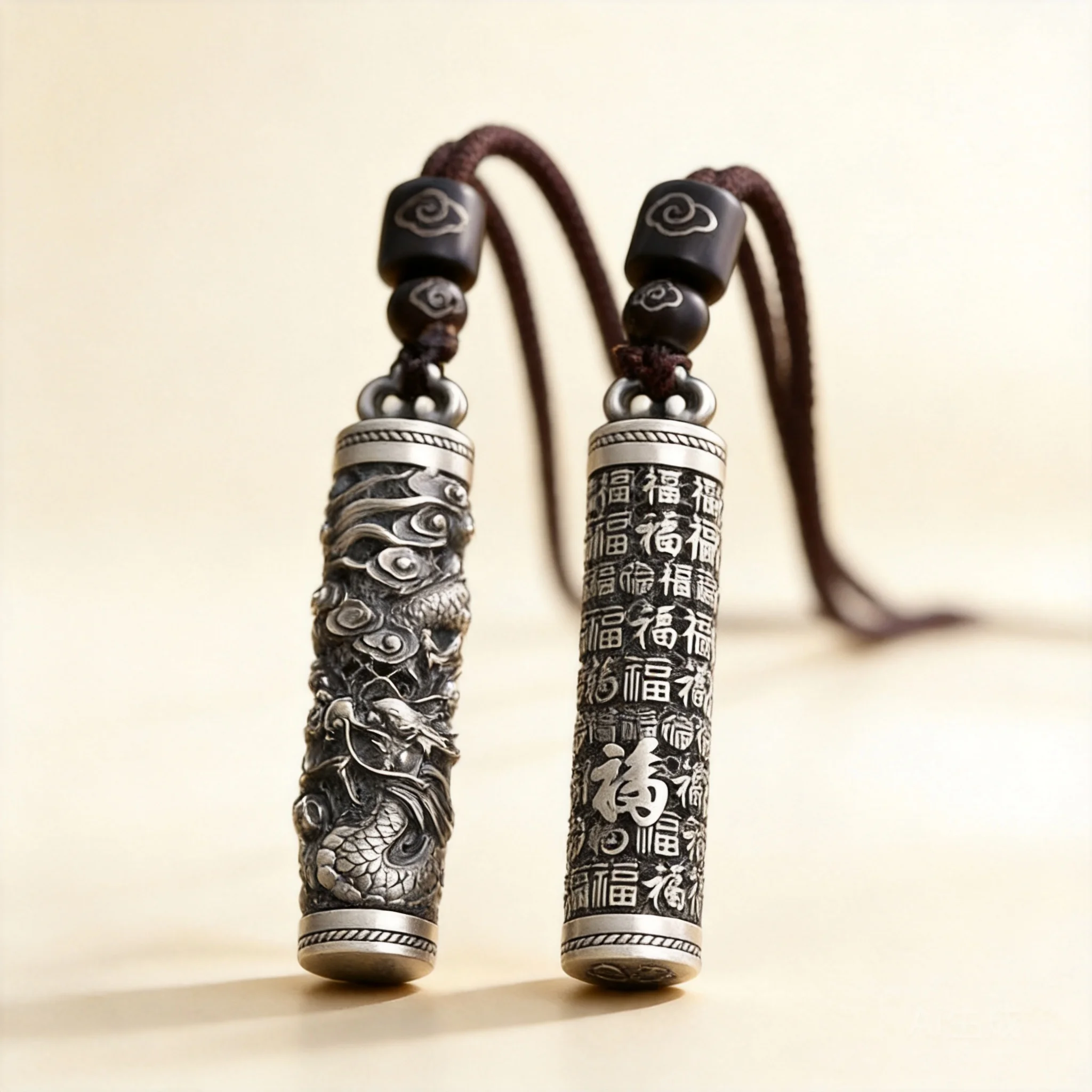 

Chinese Vintage 999 Sterling Silver Zodiac Dragon Fu Character Pendant Necklace Lucky Blessing Fortune Attracting Good Luck Unis