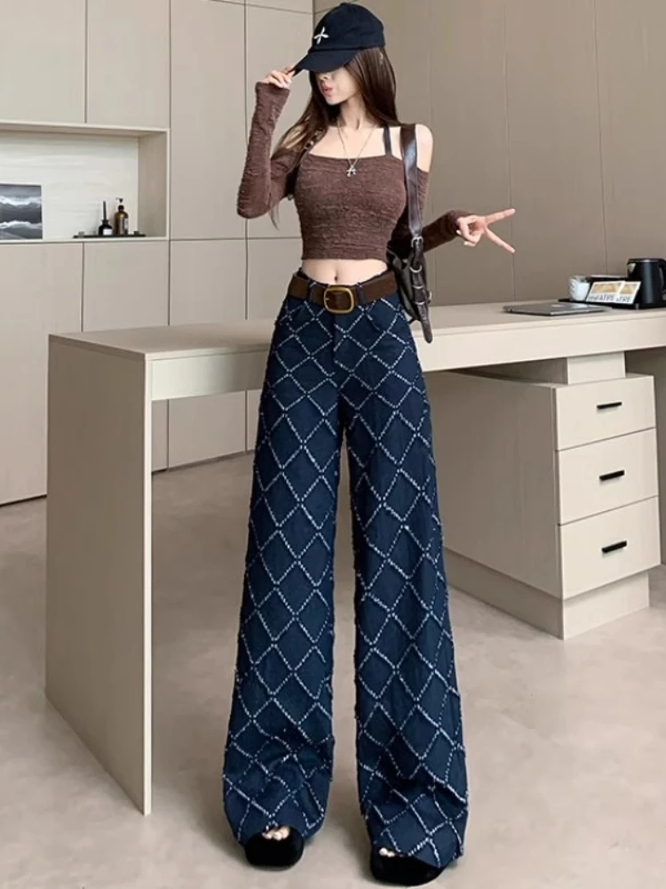 Damskie jeansy żakardowe w stylu vintage na jesień/zimę 2025, modne spodnie z wysokim stanem i szerokimi nogawkami, codzienne, uniwersalne, proste spodnie.