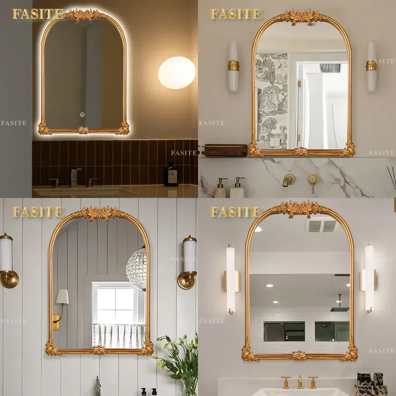 For French Engraved Bathroom Mirror Anti Fog Wall Mounted Vanity Mirror with LED Light Decorative Cosmetic Mirror for Living