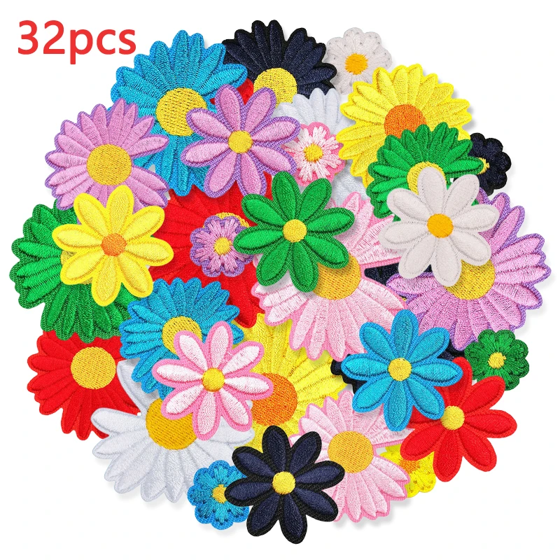 32szt Daisy Iron On Patches Lot For Clothes Small Flower Stripe Fabric Sew Designer Bulk Mix Pack Embroidery Cute Thermoadhesive