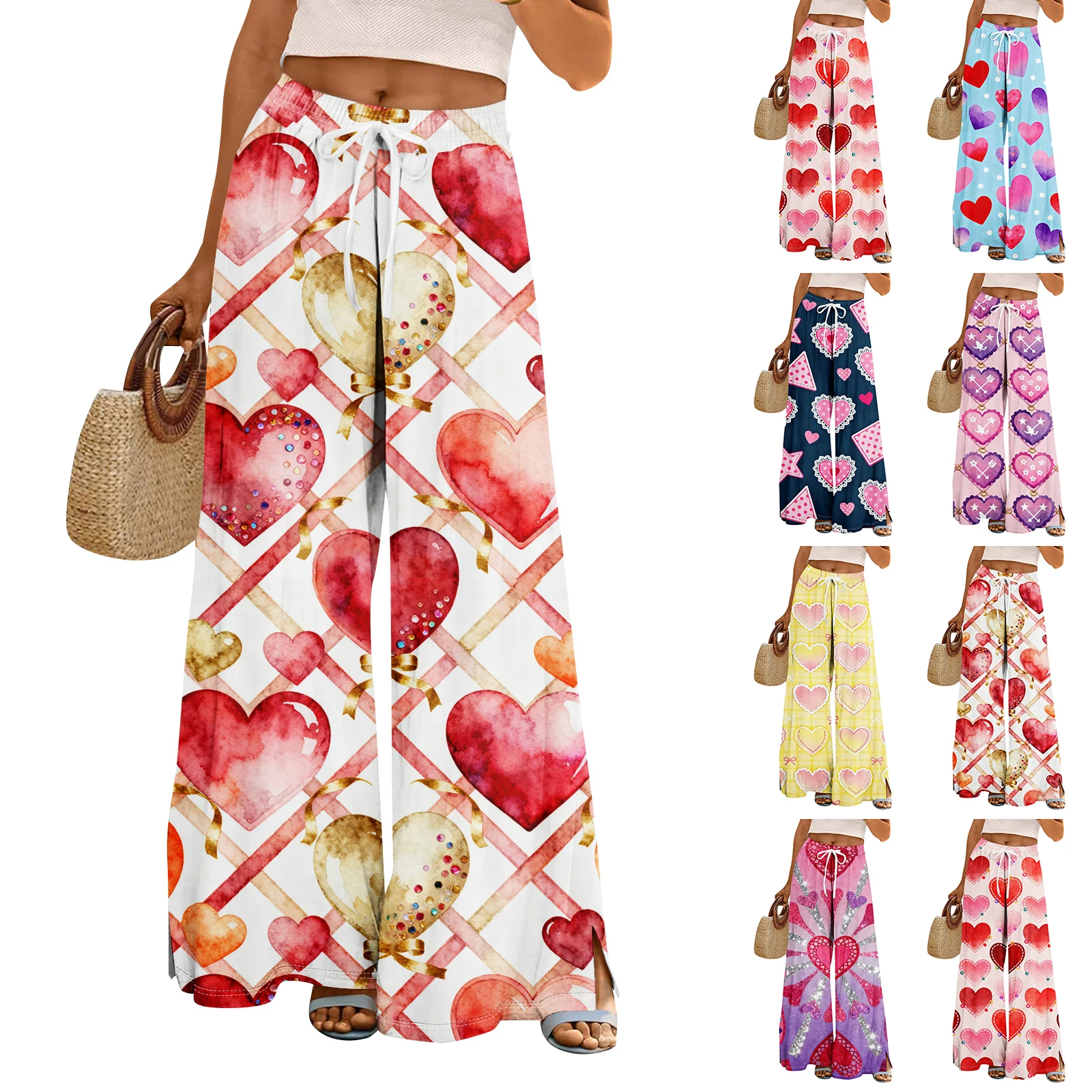 سروال واسع الساق بنمط طباعة القلب سروال برباط خصر مرن مع جيوب سروال نسائي فضفاض غير رسمي سروال عيد الحب #1