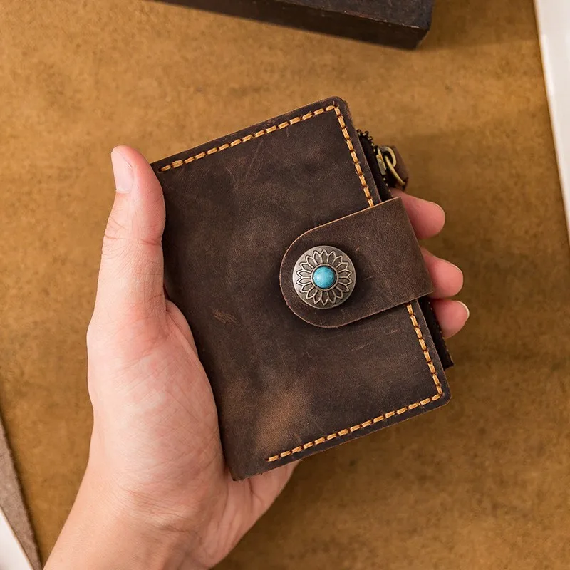 Top Layer Leather Key Wallet for Unisex Handmade Waxed Thread Stitching Genuine Leather Mini Purse Multifunctional Card Holder