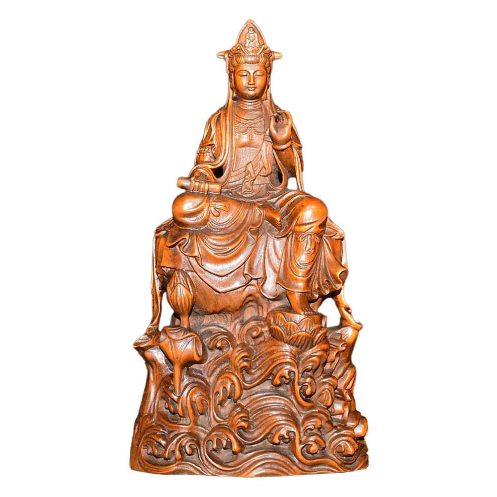 Sculpture sur bois, artisanat d'art à domicile, Base de vague de Lotus assise sculptée en bois, Figurine spirituelle Kwan Yin Harmony, Compassion de clarté