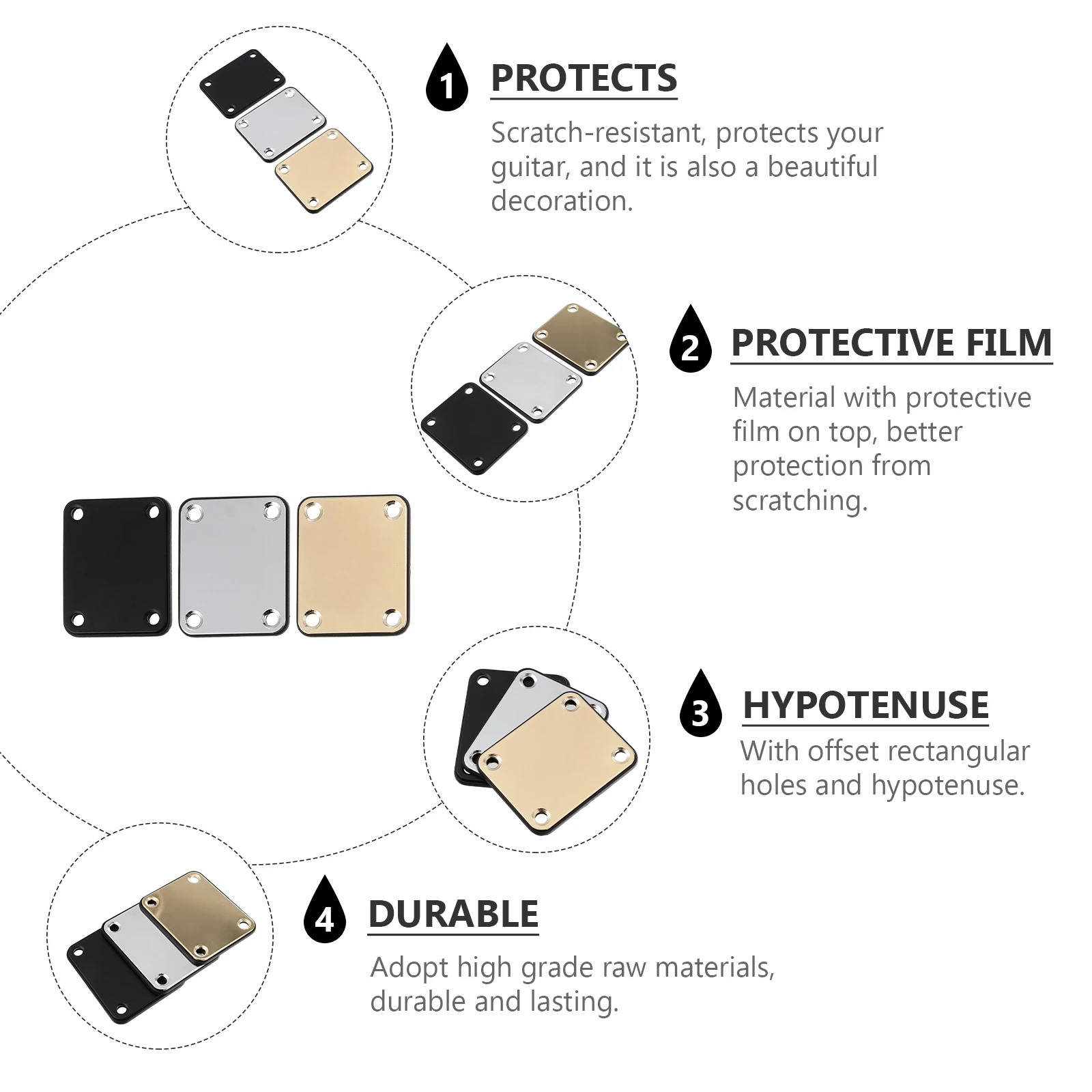 

3pcs Electric Guitar Reinforcement Board Scratch Resistant Durable Bass Neck Plate Connection Parts Accessories