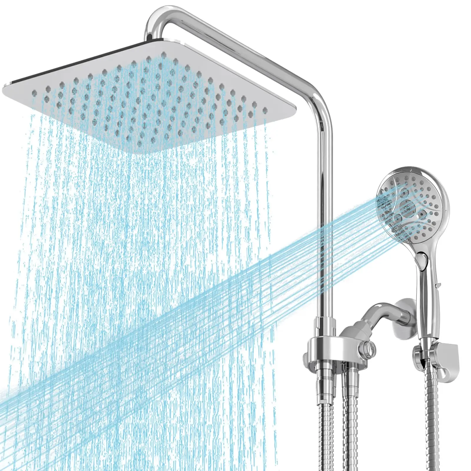 

10 Inch Square Rainfall Shower Head With Handheld Combo Adjustable Slide Bar High Pressure