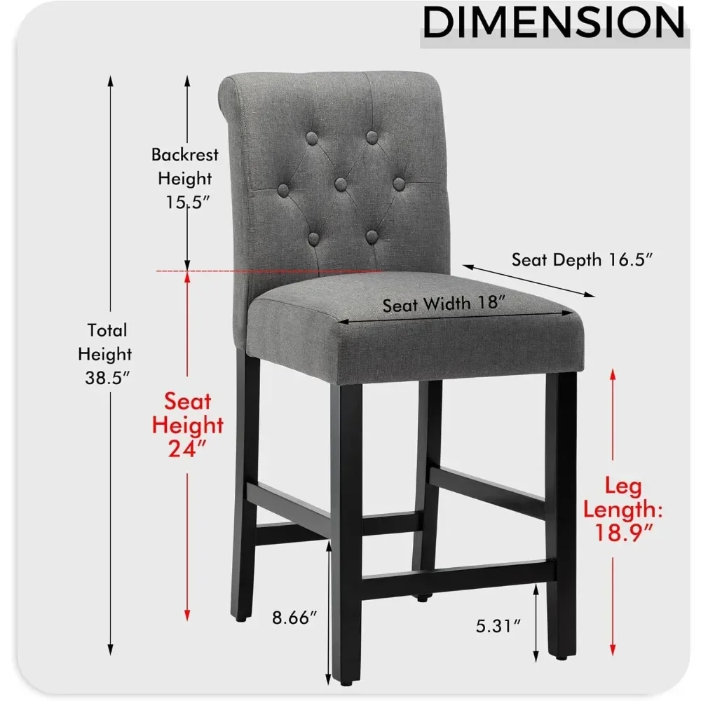 24Inch Aanrechthoogte Barkruk, Set Van 4 Aanrechthoge Stoelen Voor Keukeneiland Gestoffeerde Rugleuningstoelen Stof Barkruk