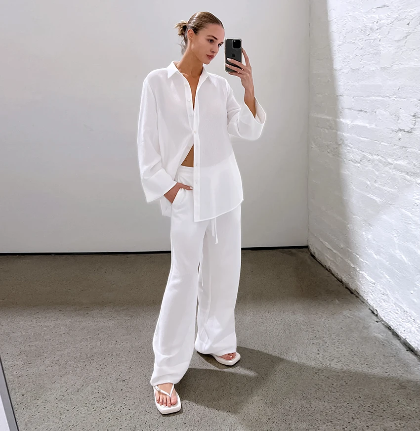 

2024 New Women Casual 2-Pieces Sets Lapel Shirts+Wide Legs Pants Office Sets White Street Style Cotton Linen Pants Suits