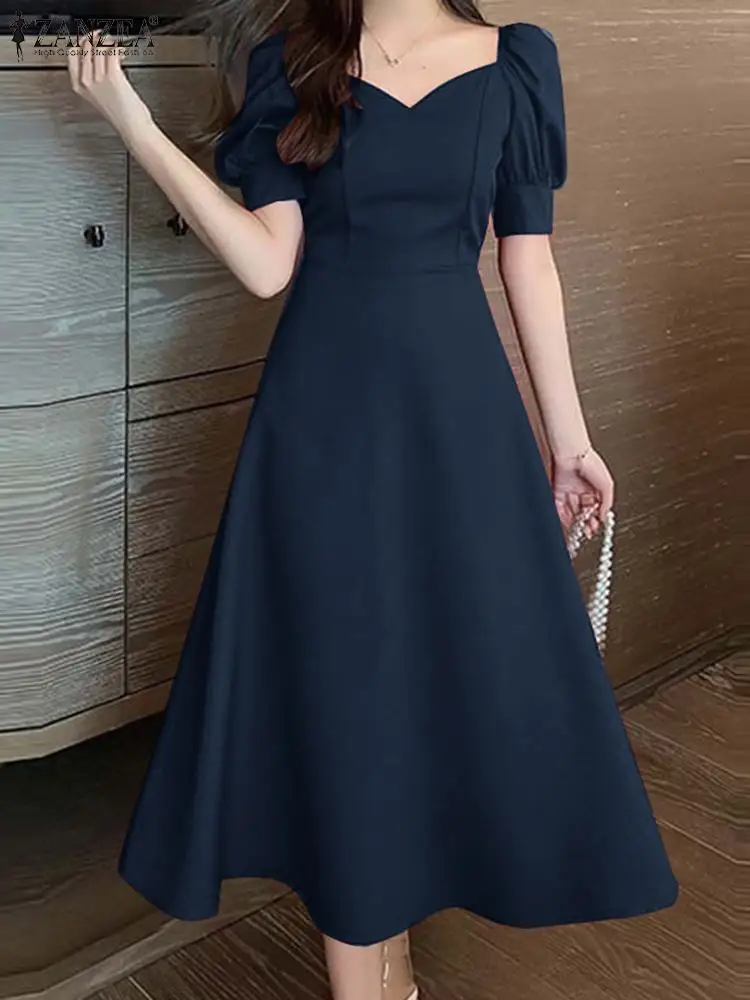 ZANZEA Elegant Waist Party Dresses Vintage Evening Dress Women Puff Short Sleeve A-line Robe 2024 Summer Wedding Midi Vestidos