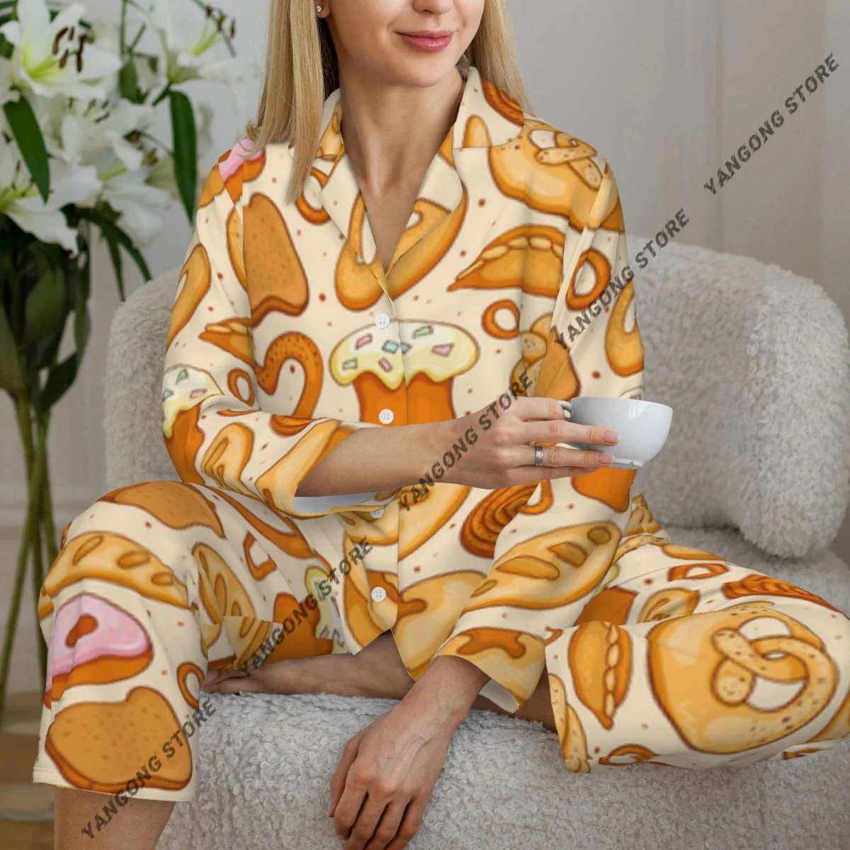 

Spring and Autumn Long Sleeve Pants Pajamas Loungewear Set Different Bread Illustration Women's Pull Edge Loose Sleeping Suit