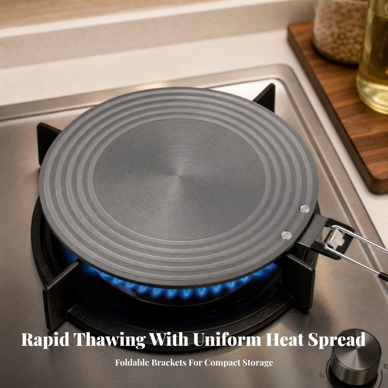 Round Aluminum-Alloy Heat Spreader Plate Compact Heat Spreader with Folding Handle Long-Lasting Easy to Clean for Simmering