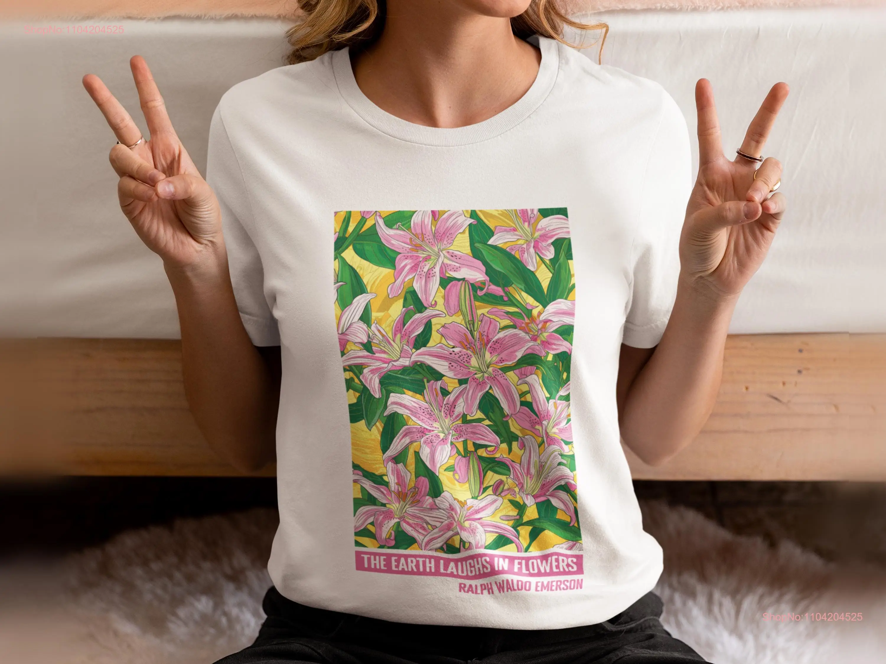 Floral Quote T Shirt Ralph Waldo Emerson Botanical Pink Lily Design Nature Lover Artistic Flower Retro