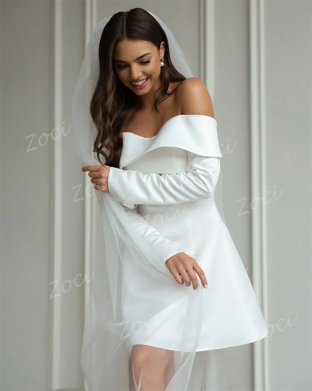 Zoci Simple Off The Shoulder Wedding Dress Women Short Satin Above Knee Long Sleeves Vestidos De Novia Customized