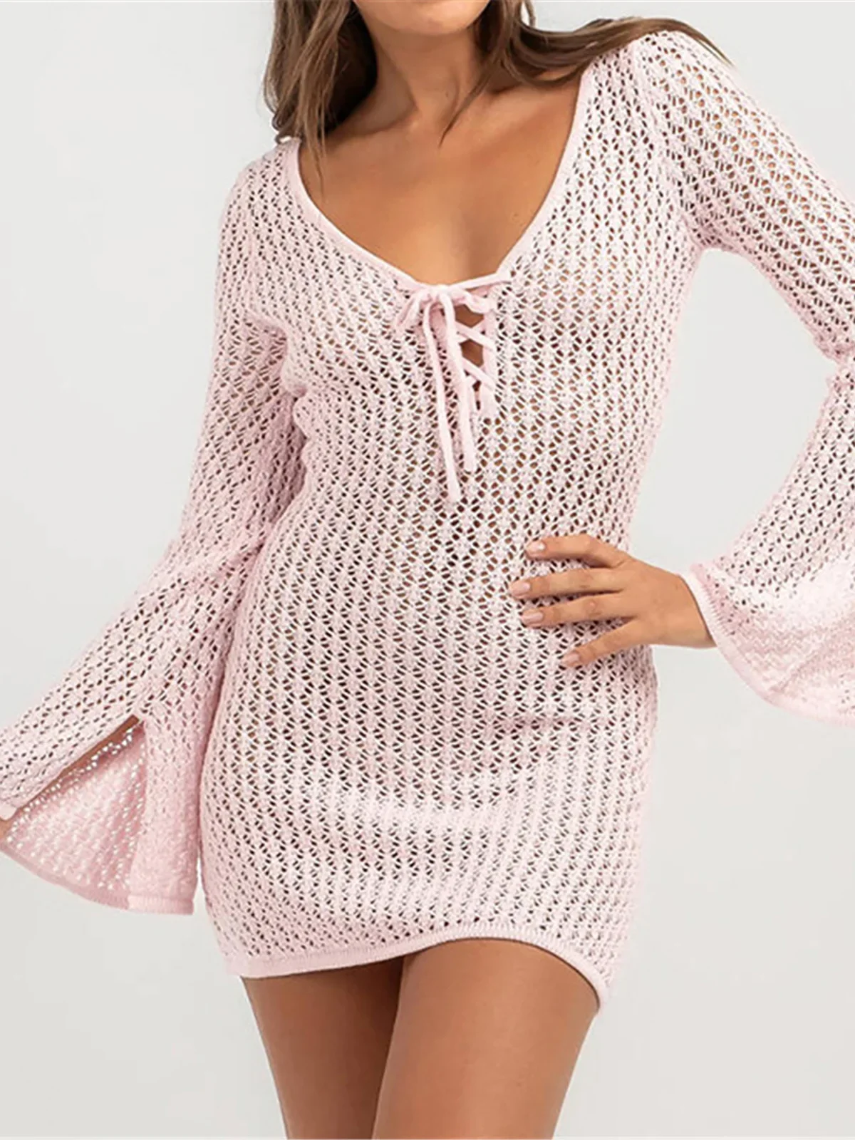 V คอยาวแขนยาว Hollow Out โครเชต์ถักเสื้อชายหาด Cover Up Cover - ups ชุดชายหาดชายหาด Beachwear หญิงผู้หญิง k6081