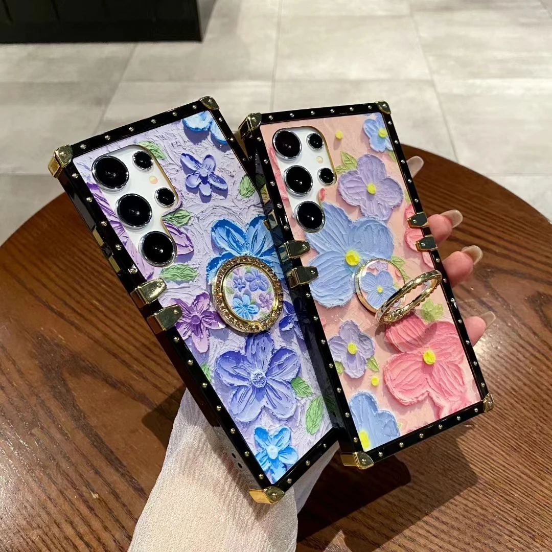 

10 шт. для Iphone 11 12 13 14 15 Pro Promax Samsung S22 S23 S24 Plus ультра Роскошная квадратная картина маслом кольцо держатель чехол