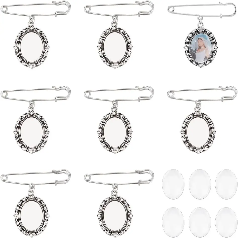 8 Sets DIY Pin Brooch Making Kit Including 8 pcs Iron Brooch Tray with 8 pcs Oval Clear Glass Cabochons Boutonniere Bouquet