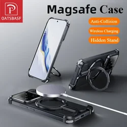 Oatsbasf Metal Frameless Phone Case for Xiaomi 15/15 Pro with Stand Magsafe Wireless Charging Phone Cover Anti-Collision Bumper