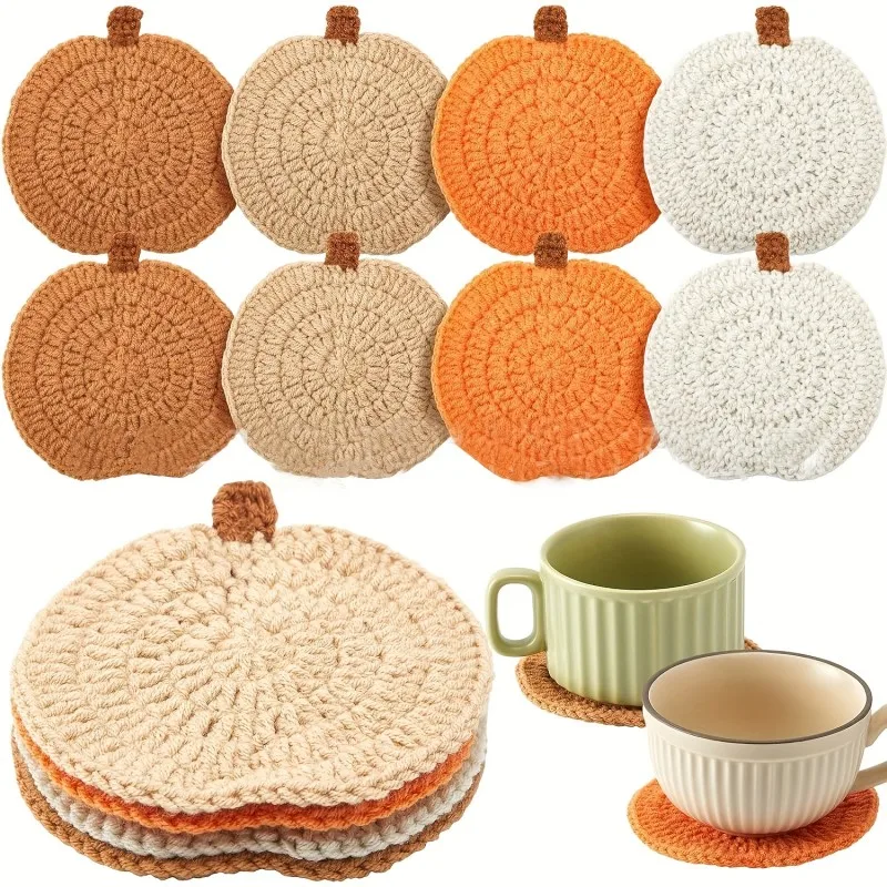 

4pcs Halloween Crochet Pumpkin Coasters Autumn Thanksgiving Fabric Handmade Cup Mat Halloween Table Decor Fall Farmhouse Decor