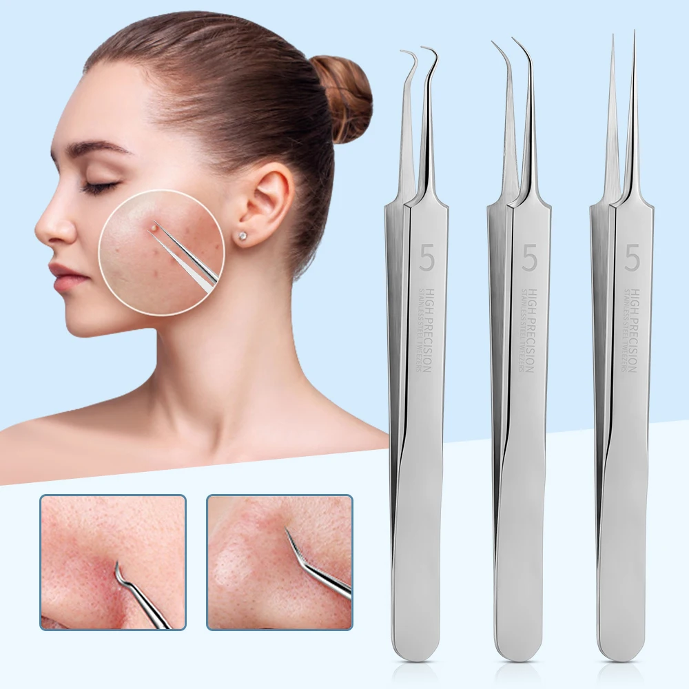 Stainless Steel Cell Clip Pimples Tweezers Acne Needle Set Pore Cleaner Fat Particles Pimple Blackhead Removal Tool With Box