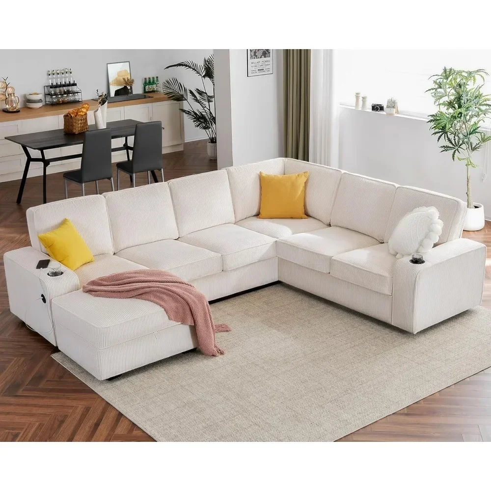 U-shaped sofa, 7-seater sofa with USB port, modular sofa with storage chaise longue, corduroy beige