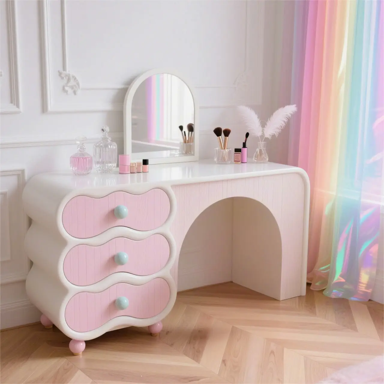 Dresser, dressing table, cream wind pink solid wood chest, integrated bedroom, dressing table, storage cabinet