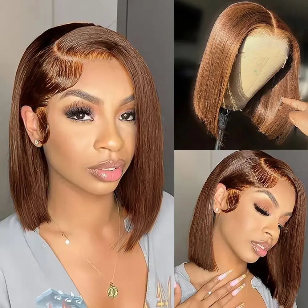 

#4 Bob Chocolate Brown Straight Wig 13x4 HD Transparent Lace Front Wig 100% Human Hair Pre Plucked Brazilian Remy Hair For Women