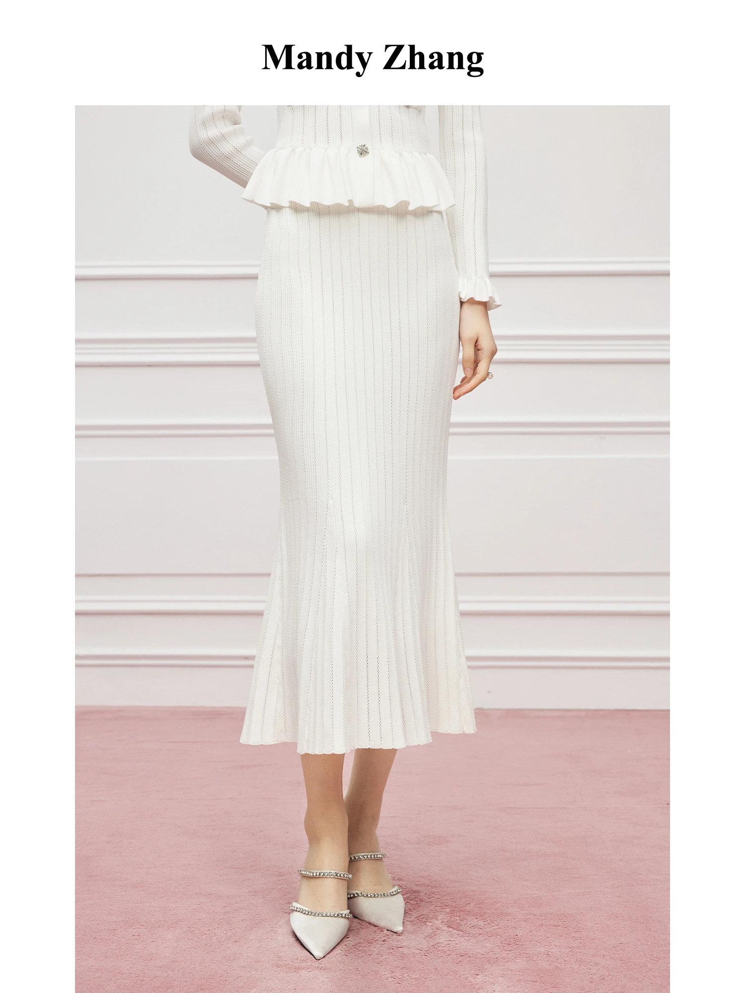

MandyZhang White Heavyweight Hollow out High Waist Fish Tail Half Skirt Women's Spring Wave Knit Long Dress Elegant H-Shape