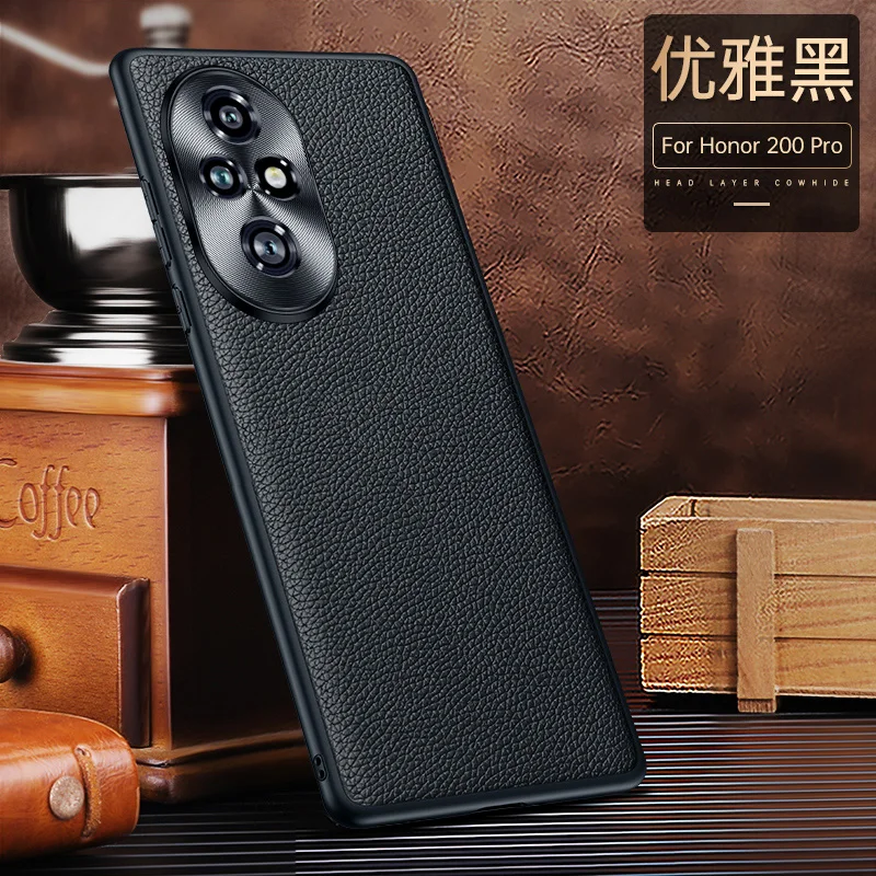 

For Honor 200 100 90 80 70 60 Pro Litch Style Genuine Leather Case CD Pattern Full Camera Lens Protection Matte Soft TPU Cover