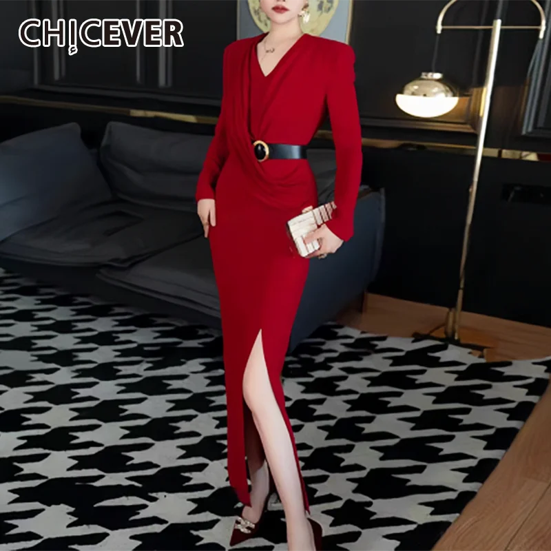 

CHICEVER Luxury Solid Maxi Dress For Women V Neck Long Sleeve Patchwork Sashes Split Evening Dresses Female Autumn Clothing New