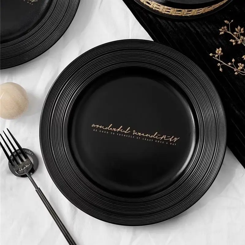 

Minimalist Black Ceramic Dinner Plate Elegant Large Serving Platter for Steak Salad Dishware Multifunctional Kitchen Utensils