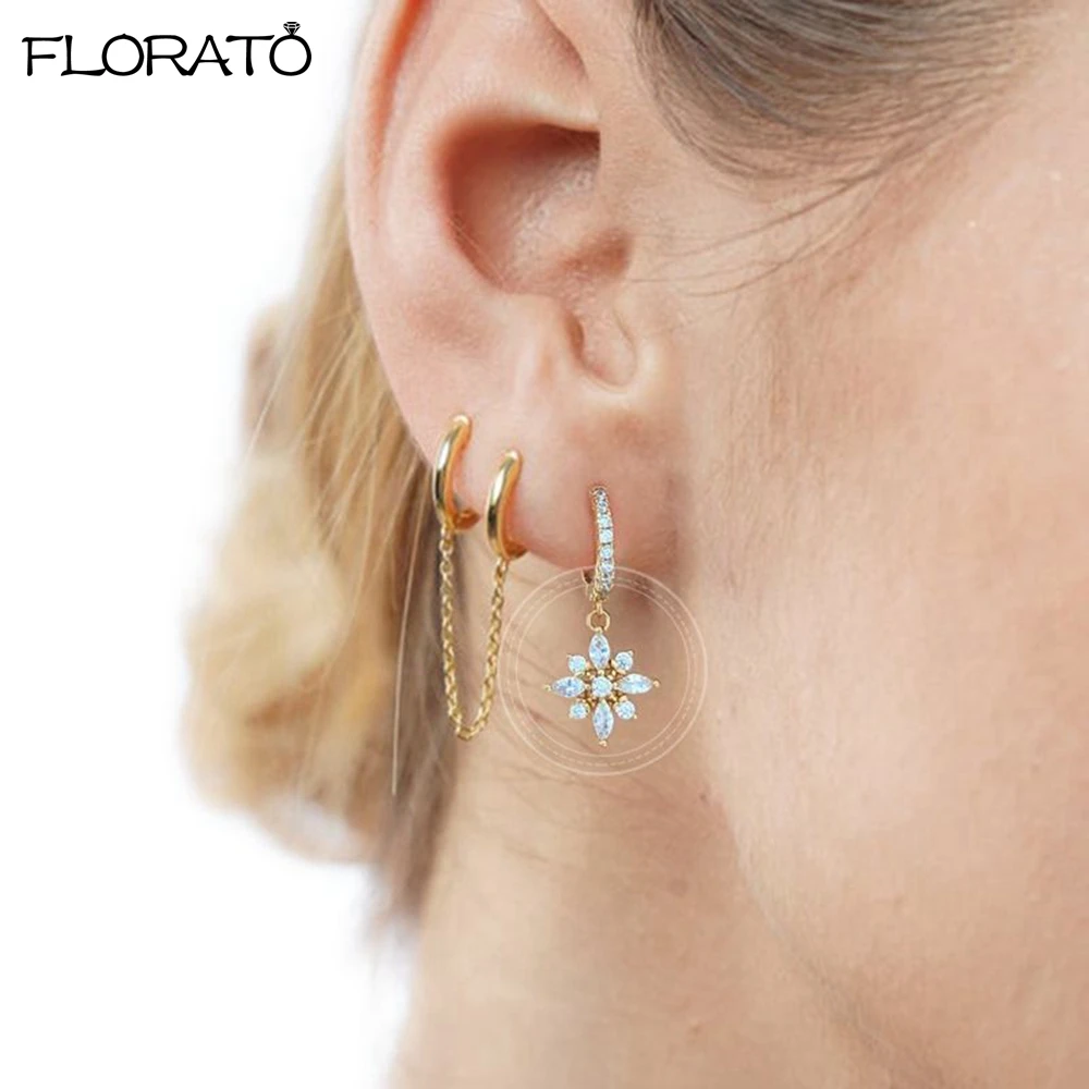 Exquisite Crystal Flower Pendant Earrings 925 Sterling Silver Ear Needle CZ Hoop Earrings For Women Elegant Noble Birthday Gift